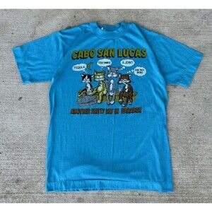 VTG 90s Cabo San Lucas Cat Shirt Blue Size M FUNNY Single Stitch